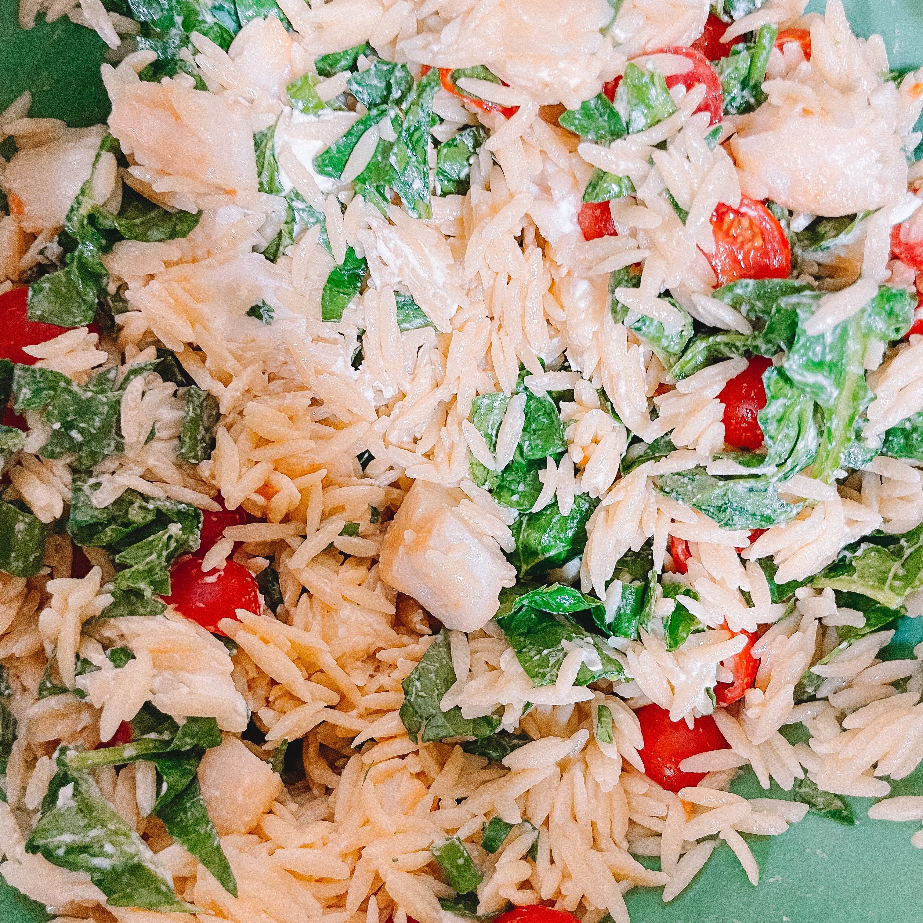 Spinach Orzo Goat Cheese Salad with Pan Seared Scallops