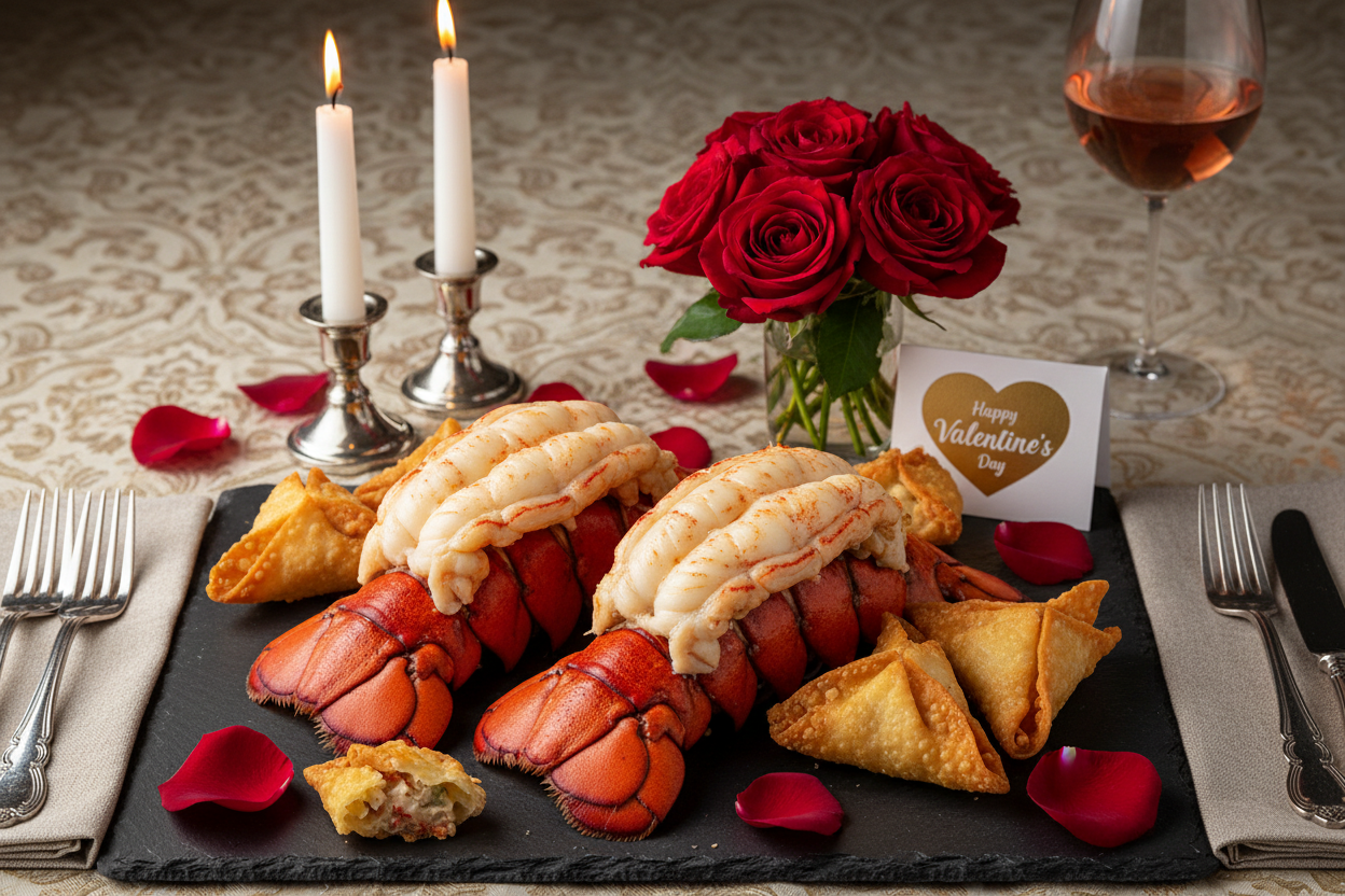 2 east coast lobster tails + crab rangoons valentine dinner kit