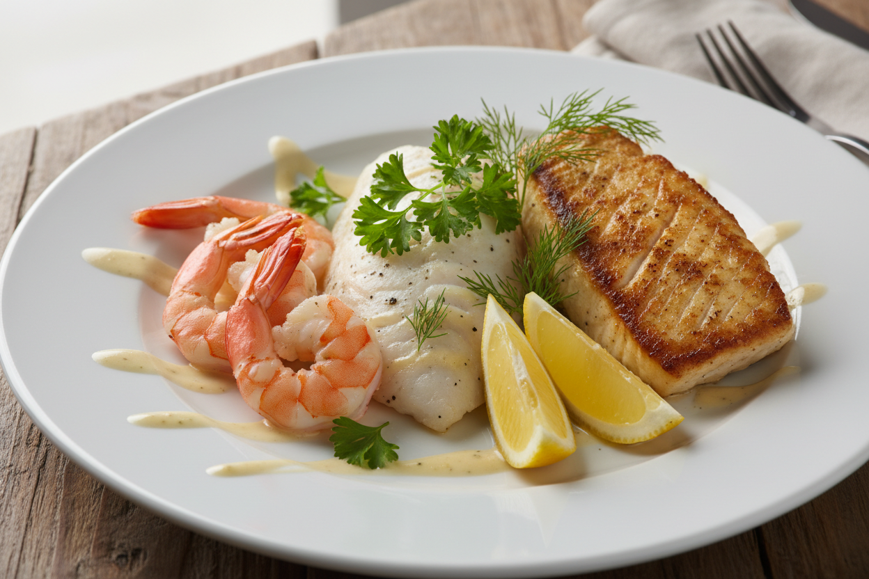 shrimp, flounder, and mahi mahi portions plated