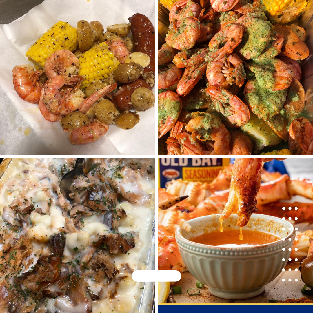 Seafood Meals: Dinner Kit for 8 (4 Shrimp Boil Kits + 2 Salmon Macs + 2 Butters)